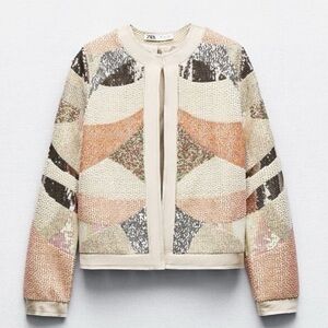 Zara Limited Edition Coral Orange Jacket with Faux Pearls, Beads and Sequins